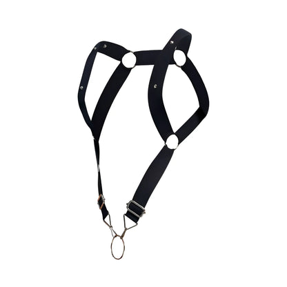Malebasics dmble06 dngeon straight back harness in black leather with silver metal rings and buckles shown from back