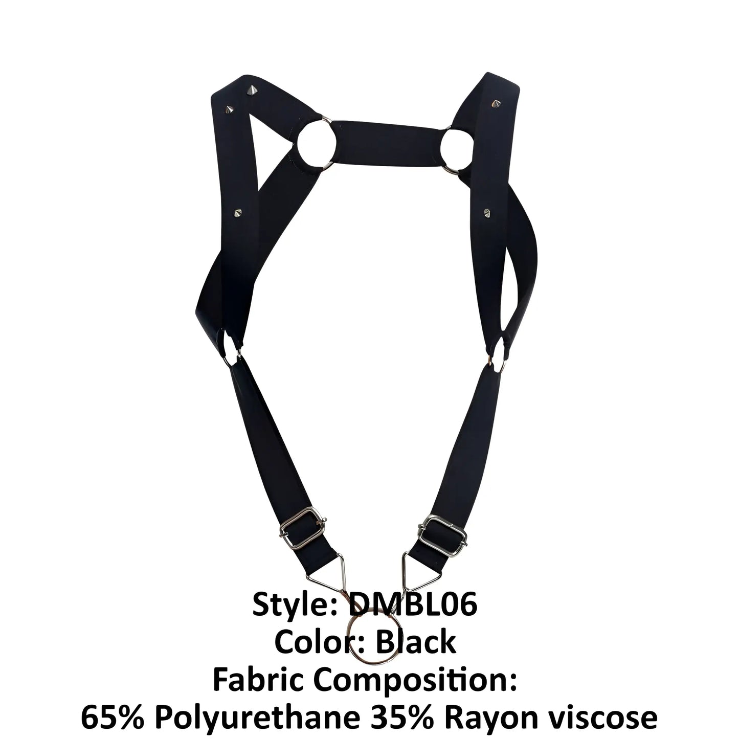 Black malebasics dmbl06 dungeon straight back harness made of 65% polyurethane 35% rayon with adjustable metal buckles