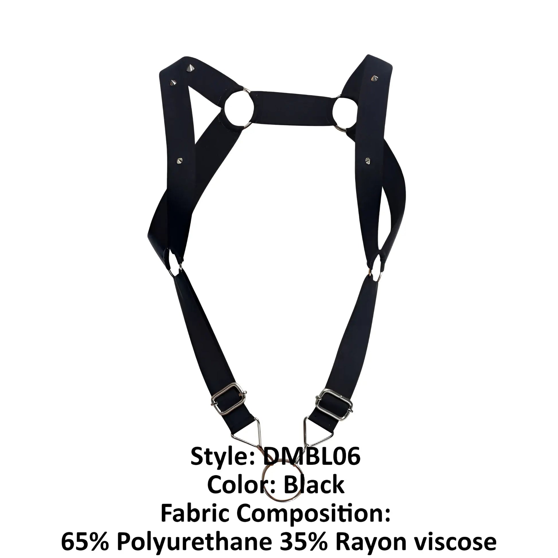Black malebasics dmbl06 dungeon straight back harness made of 65% polyurethane 35% rayon with adjustable metal buckles