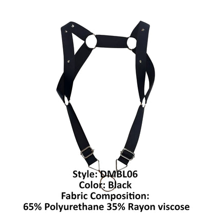 Black malebasics dmbl06 dungeon straight back harness made of 65% polyurethane 35% rayon with adjustable metal buckles