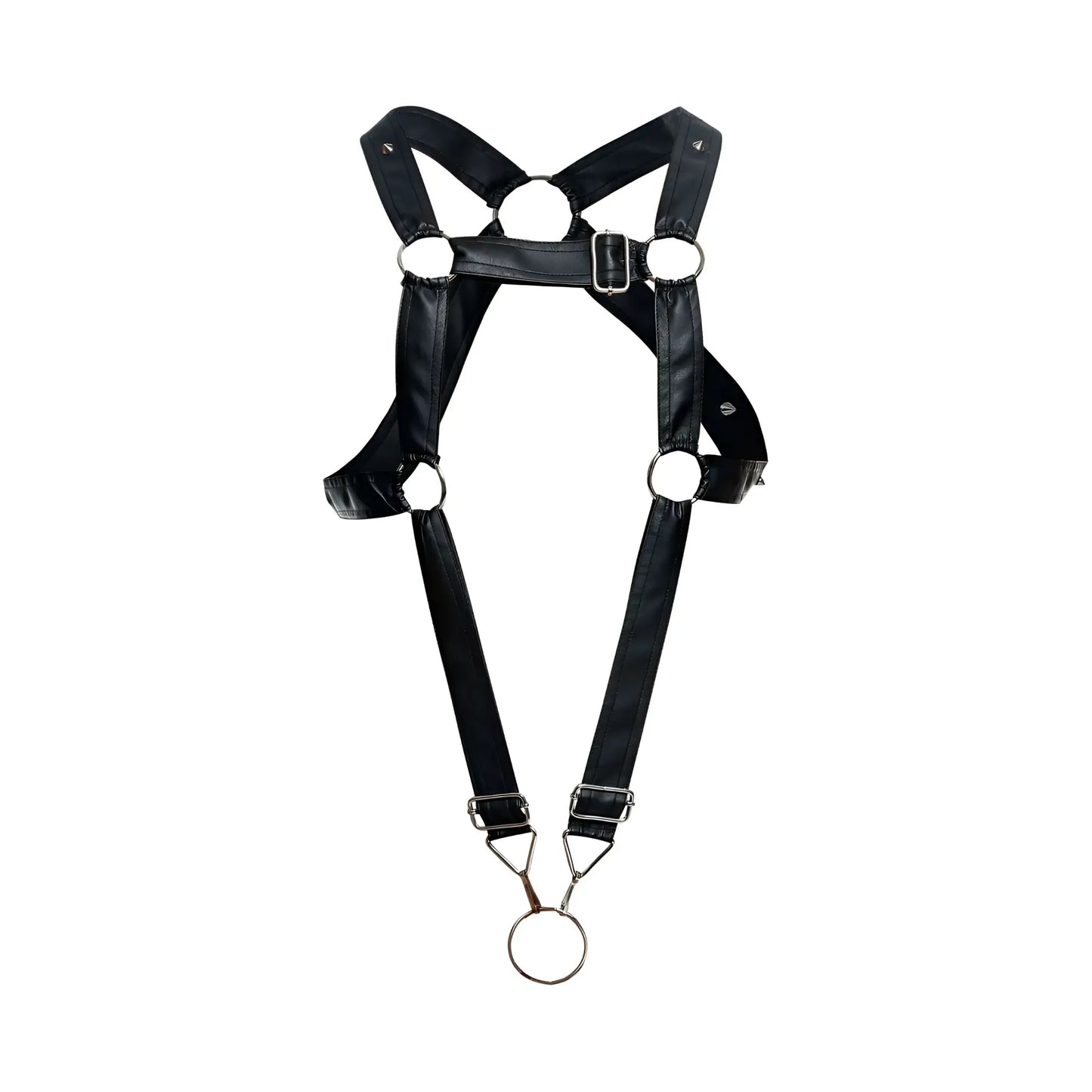 Malebasics DMBL07 dungeon cross cockring harness in black faux leather with silver metal rings and buckle