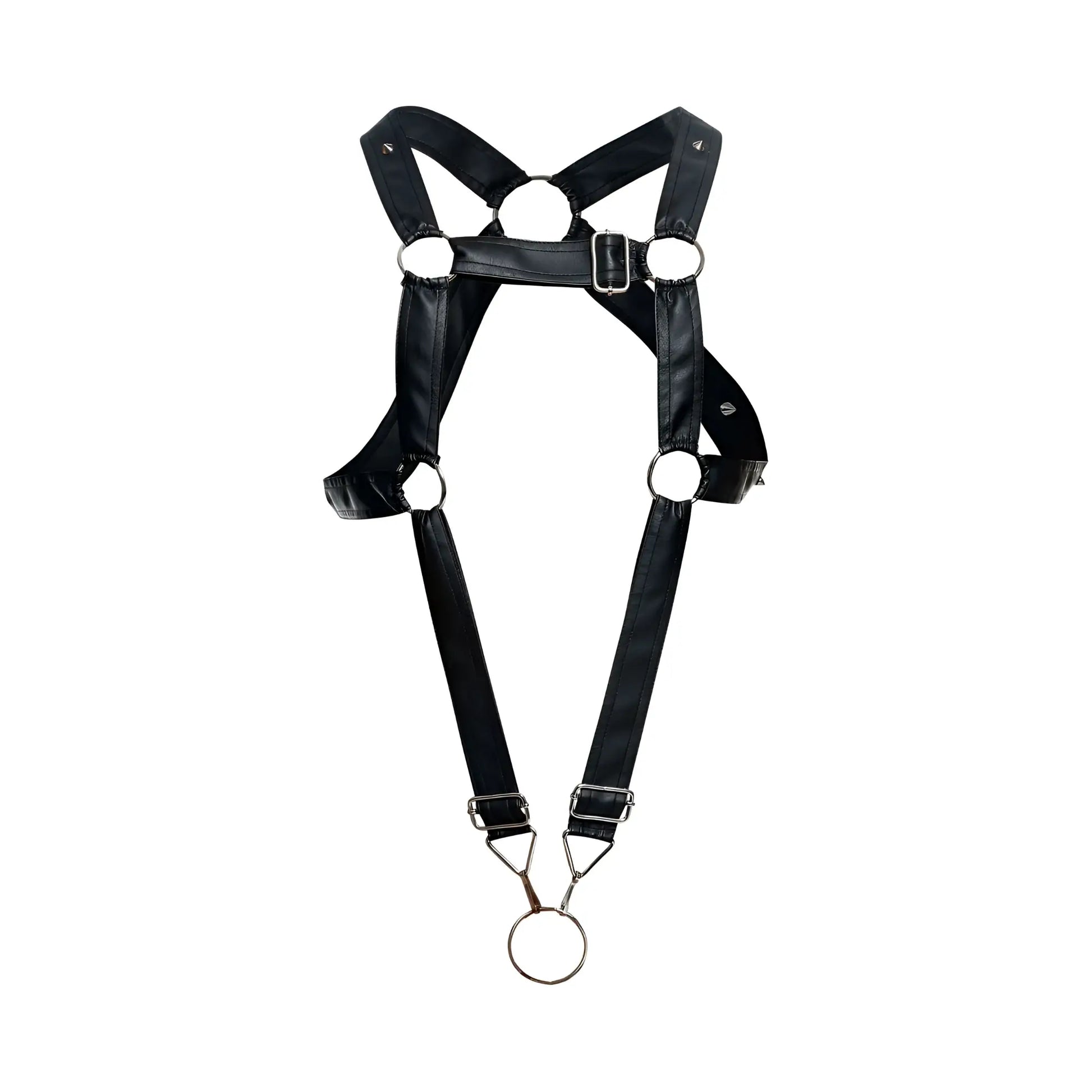 Malebasics DMBL07 dungeon cross cockring harness in black faux leather with silver metal rings and buckle