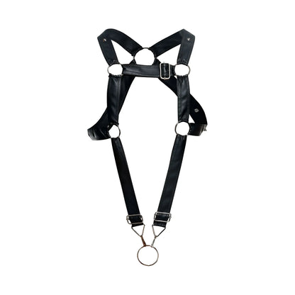 Malebasics DMBL07 dungeon cross cockring harness in black faux leather with silver metal rings and buckle