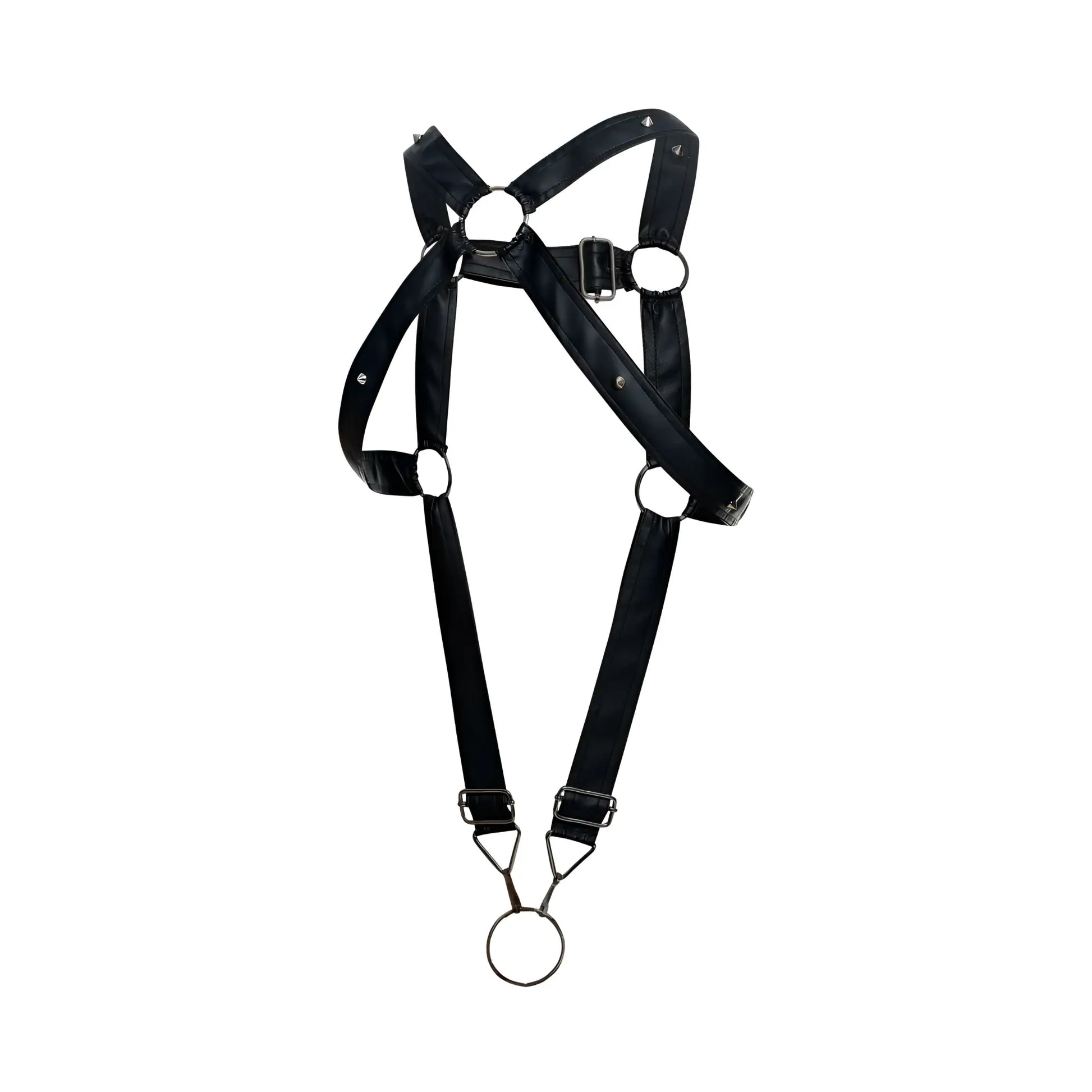Black leather maleBasics dmbL07 dnGeon cross cockring harness with metal rings and buckles in black color