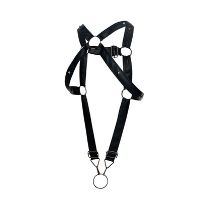 Black leather maleBasics dmbL07 dnGeon cross cockring harness with metal rings and buckles in black color