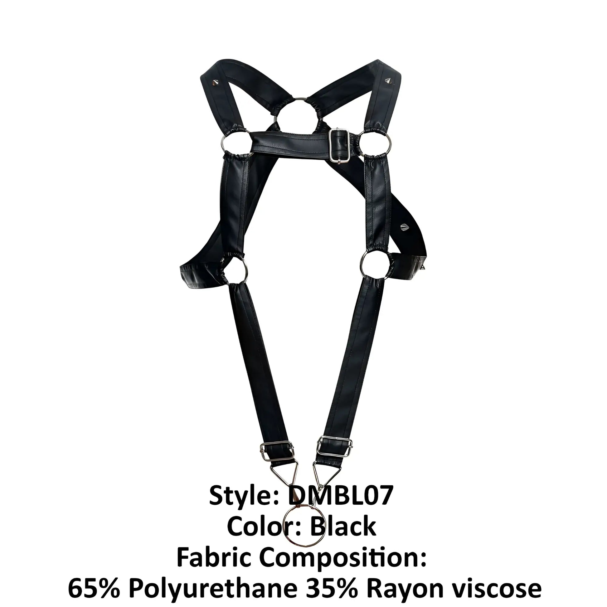 Black malebasics dmblo7 dngeon cross cockring harness made of 65% polyurethane and 35% rayon viscose with adjustable straps and metal buckles