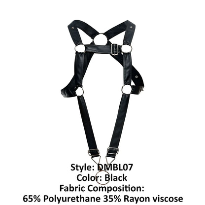 Black malebasics dmblo7 dngeon cross cockring harness made of 65% polyurethane and 35% rayon viscose with adjustable straps and metal buckles
