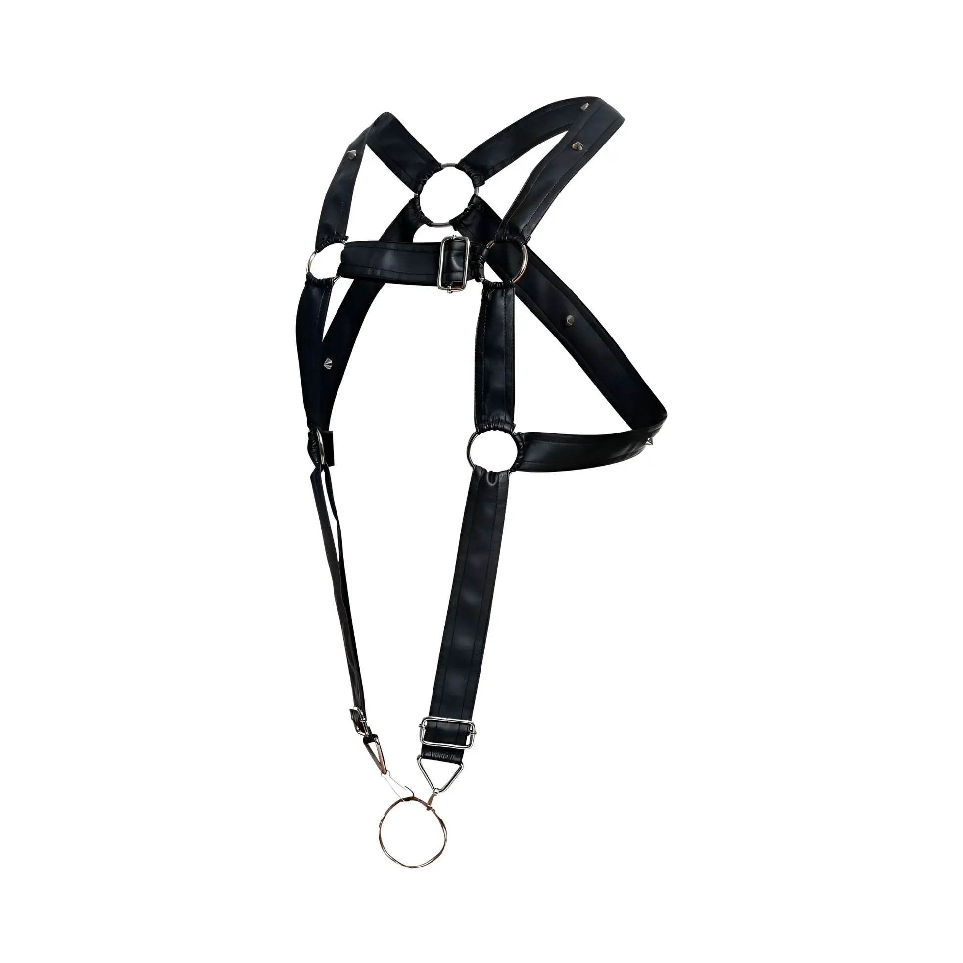 Black patent leather male basics dmble07 dngeon cross cockring harness with silver metal hardware and dangling ring