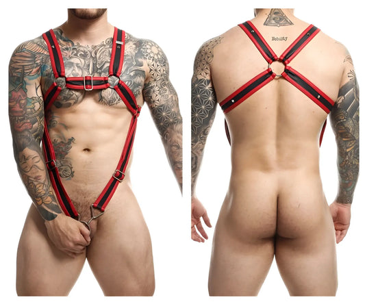 Malebasics dmbL07 dnGEON red and black leather cross cockring harness with silver toned metal hardware