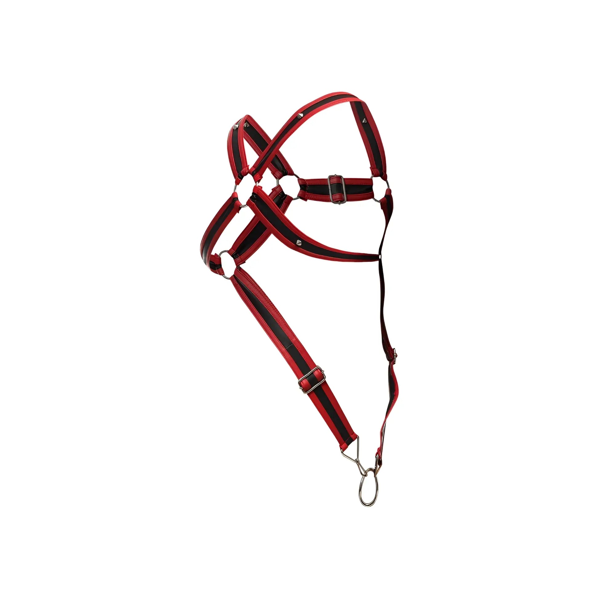 Malebasics dmbL07 dngeon cross cockring harness in red with black striped horse halter featuring metal buckle and ring