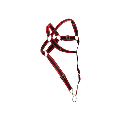 Malebasics dmbL07 dngeon cross cockring harness in red with black striped horse halter featuring metal buckle and ring