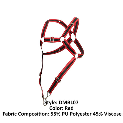 Malebasics dmbly07 dungeon cross cockring harness in red with black stripes and silver metal hardware for male use