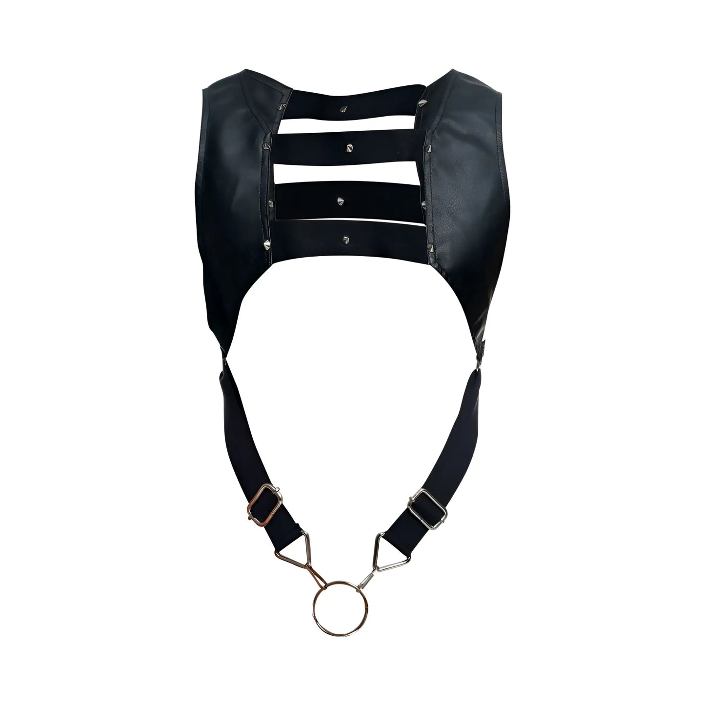 Malebasics dmblo8 dngeon black faux leather croptop cockring harness with three horizontal straps and metal ring