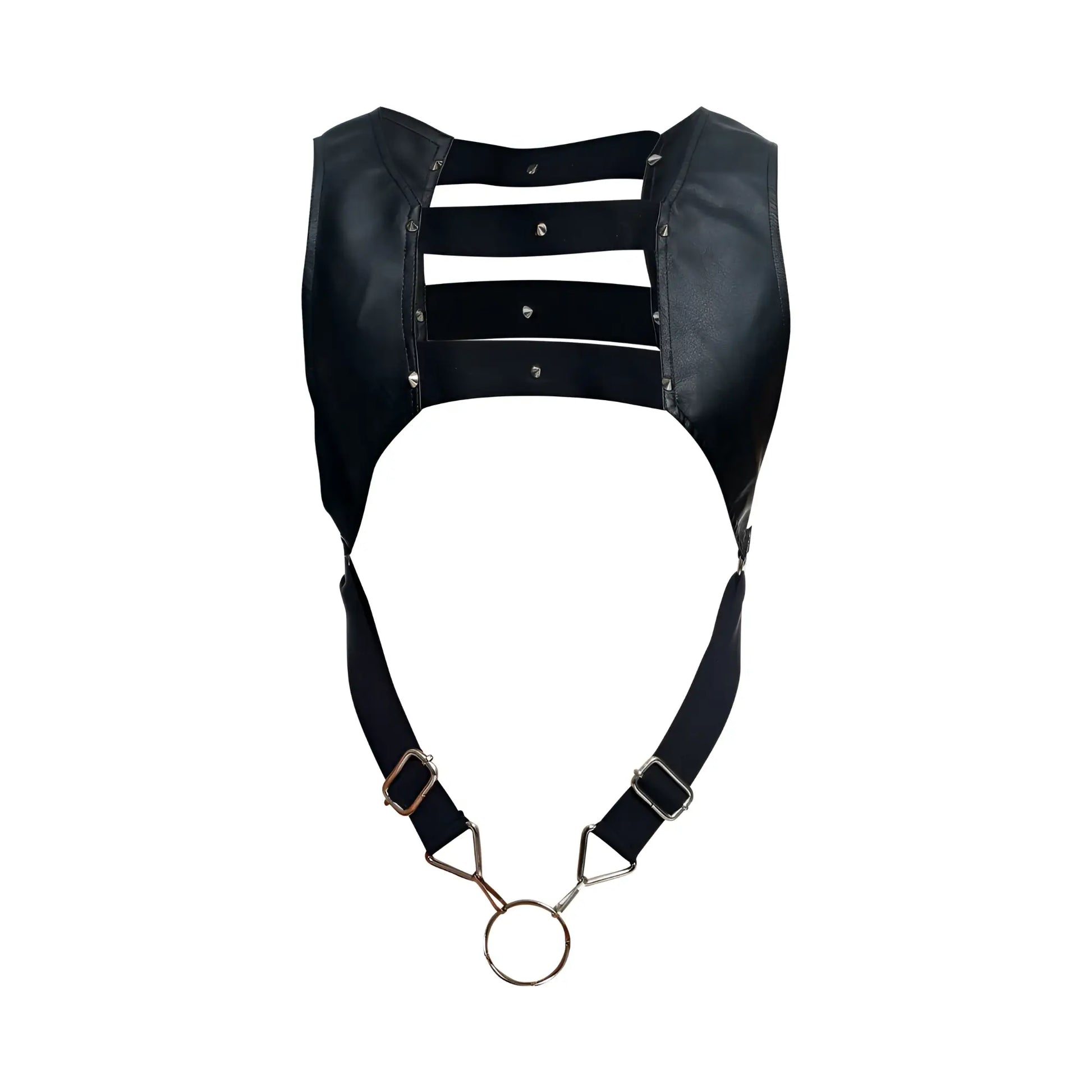 Malebasics dmblo8 dngeon black faux leather croptop cockring harness with three horizontal straps and metal ring
