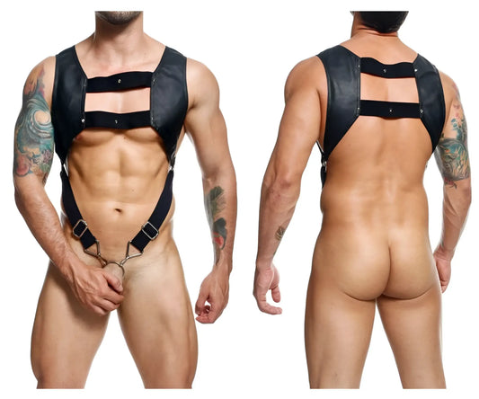 Black leather malebasics dmbly08 dngeon croptop cockring harness with metal buckles and chain attachment