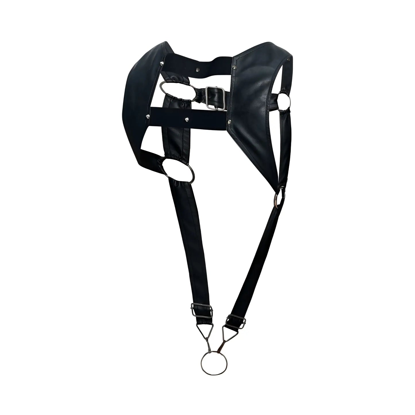 Black leather malebasics dmbL08 dngeon croptop cockring harness with metal rings and buckle in black shown from the back