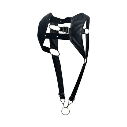 Black leather malebasics dmbL08 dngeon croptop cockring harness with metal rings and buckle in black shown from the back