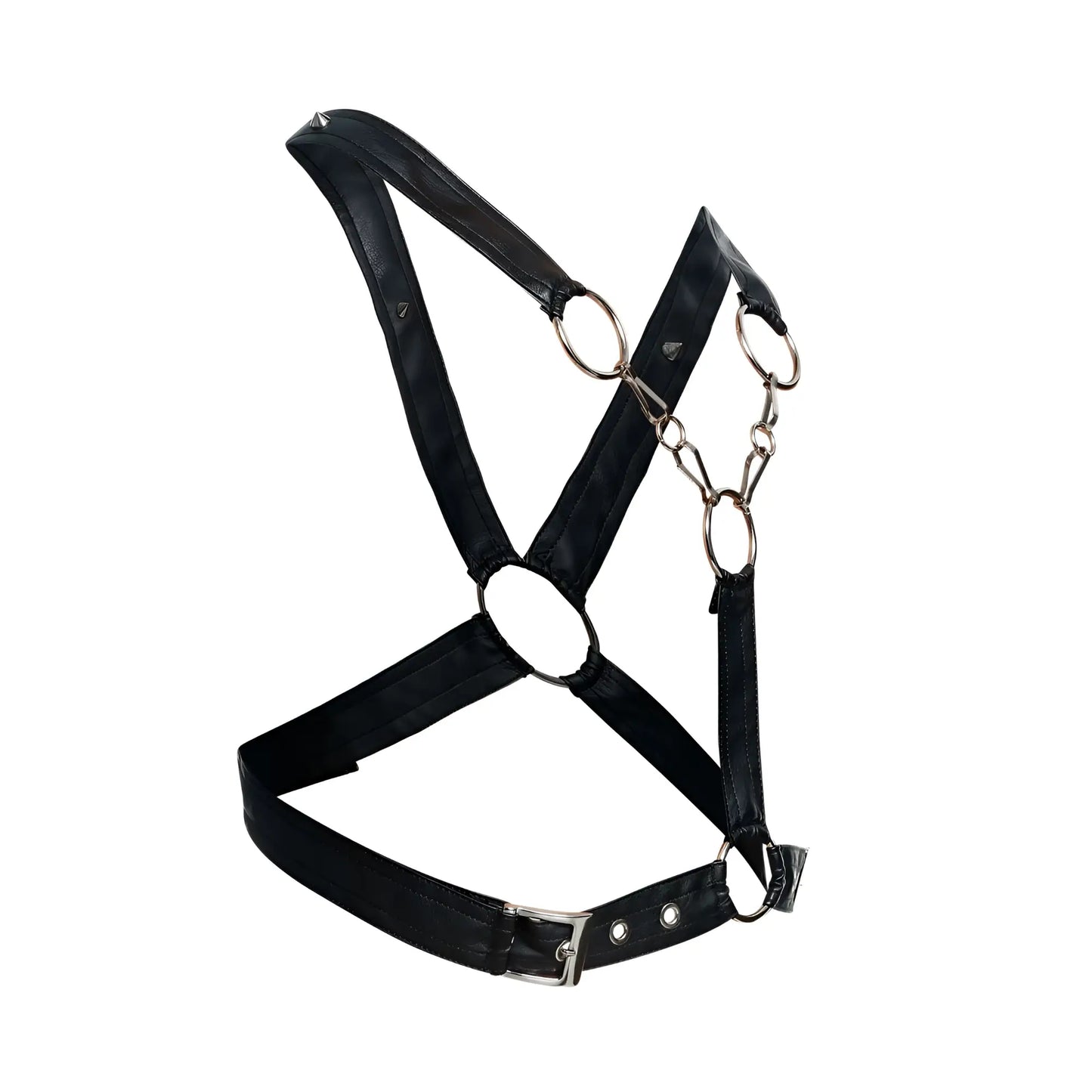 MaleBasics DMBL09 dngeon black faux leather harness with silver metal rings and buckle for men