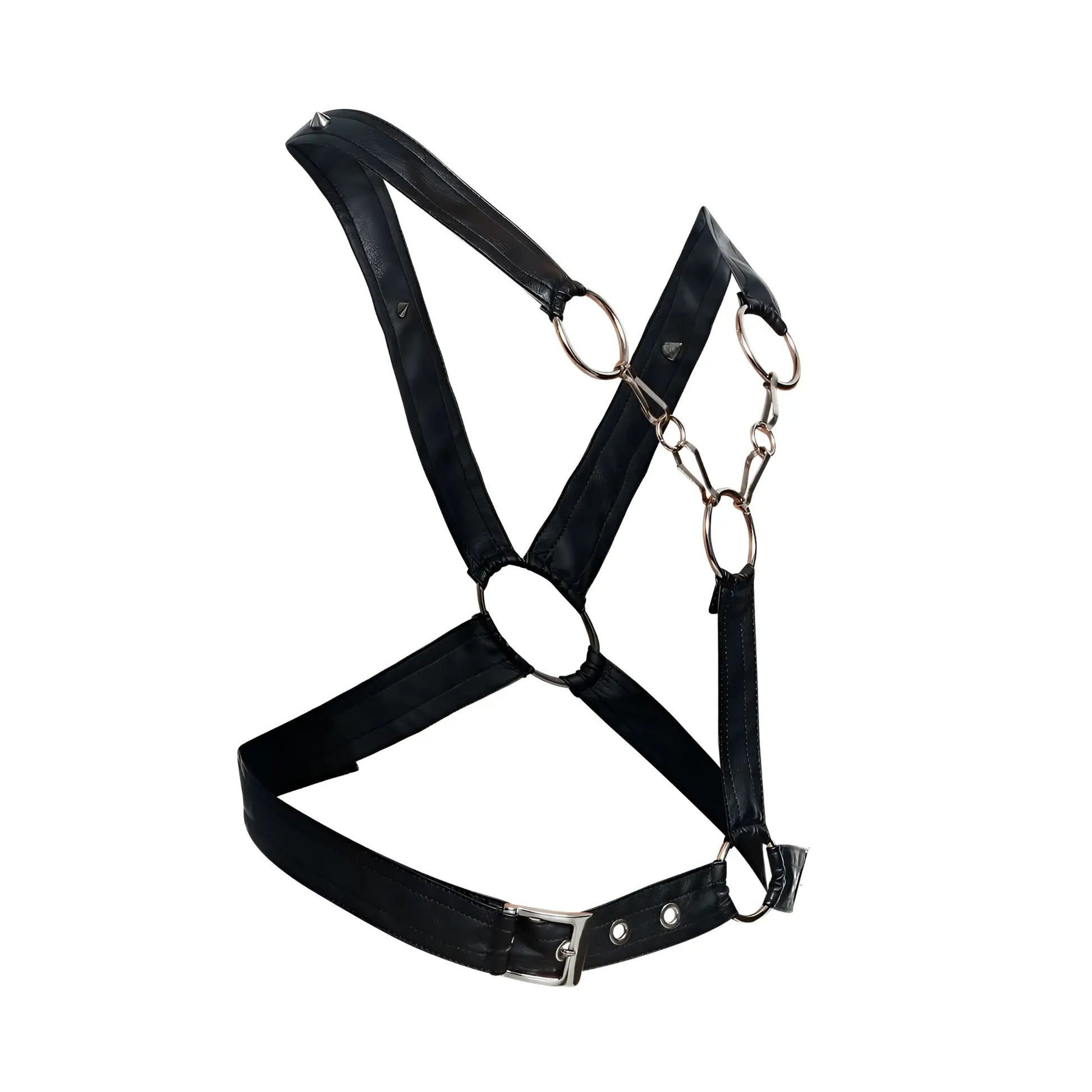 MaleBasics DMBL09 dngeon black faux leather harness with silver metal rings and buckle for men