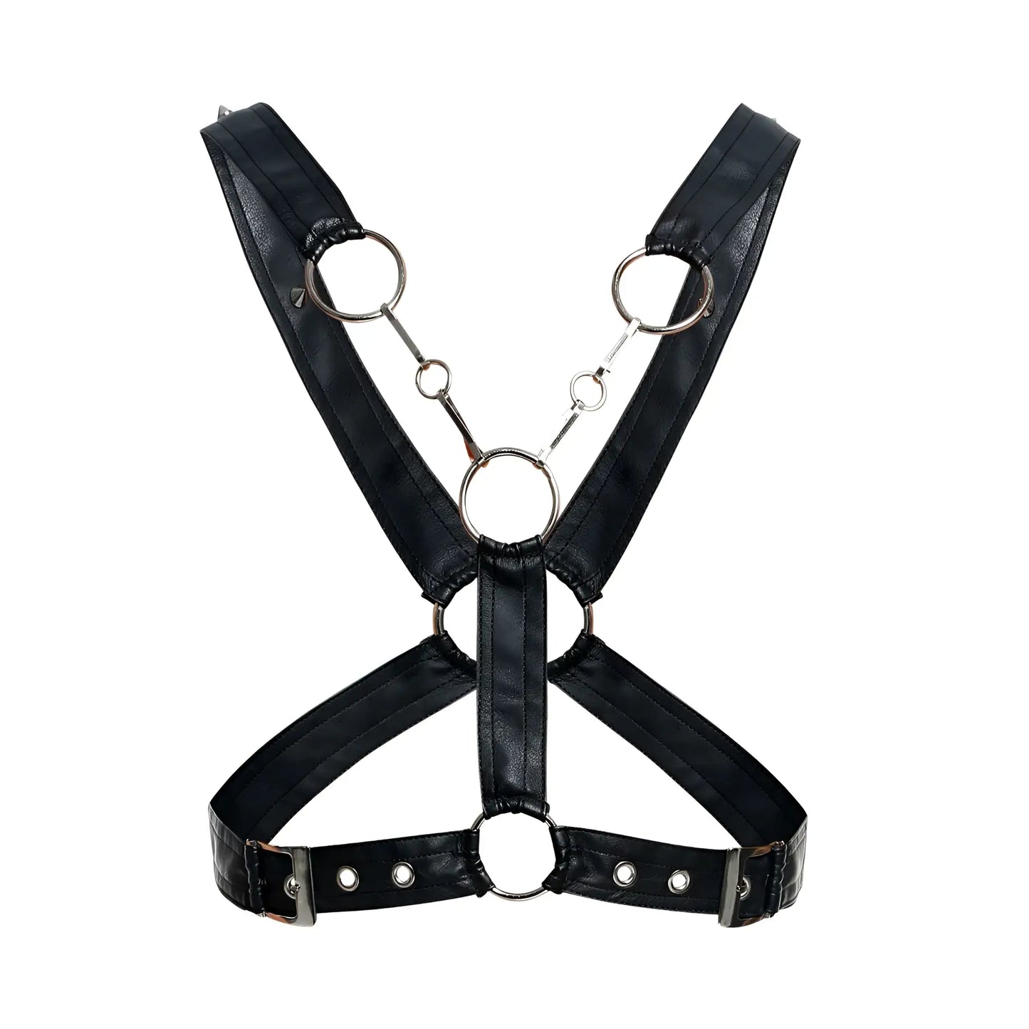 MaleBasics DMBL09 DNGEON black faux leather harness with silver metal rings and buckles for men