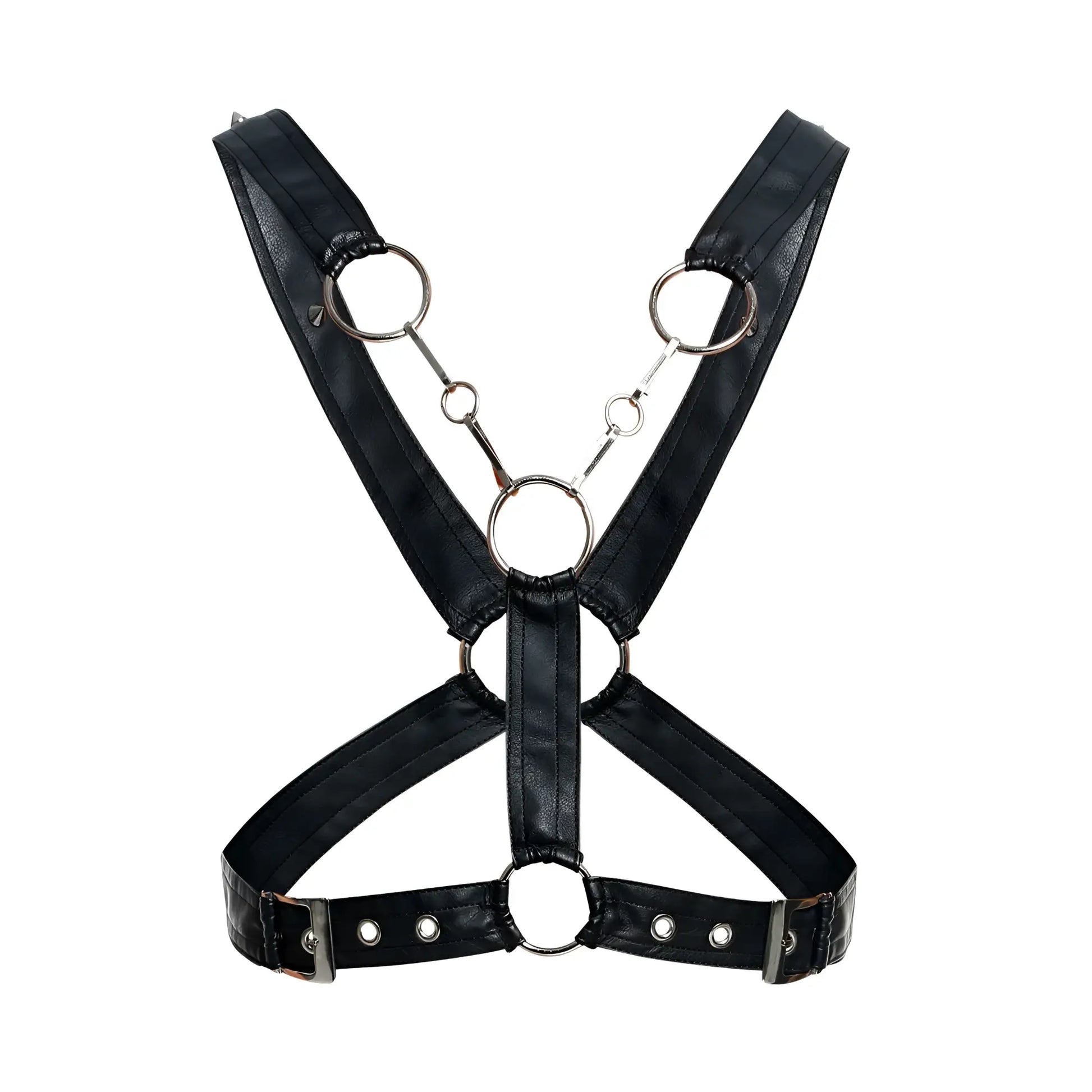 MaleBasics DMBL09 DNGEON black faux leather harness with silver metal rings and buckles for men