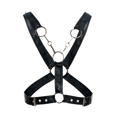 MaleBasics DMBL09 DNGEON black faux leather harness with silver metal rings and buckles for men