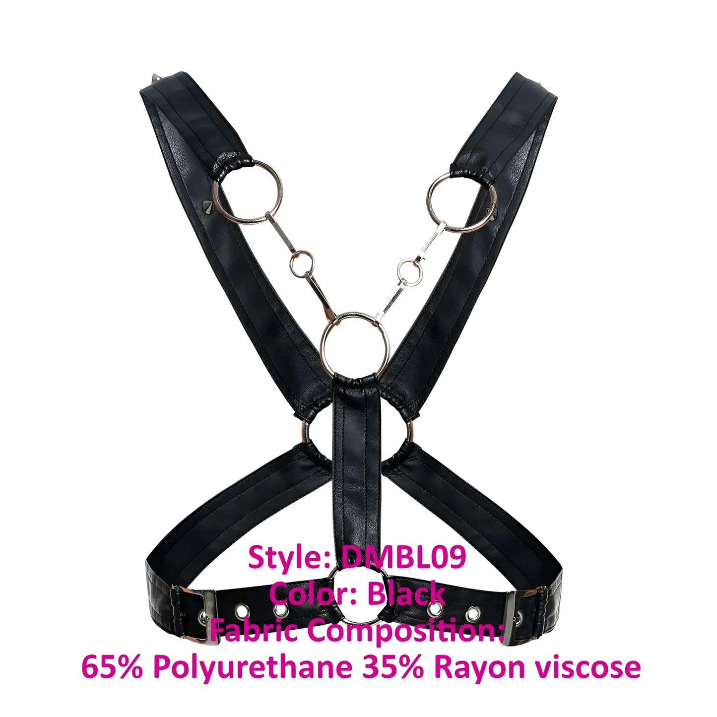 MaleBasics DMBL09 DNGEON cross chain harness in black leather with silver metal rings and chains visible from the back side