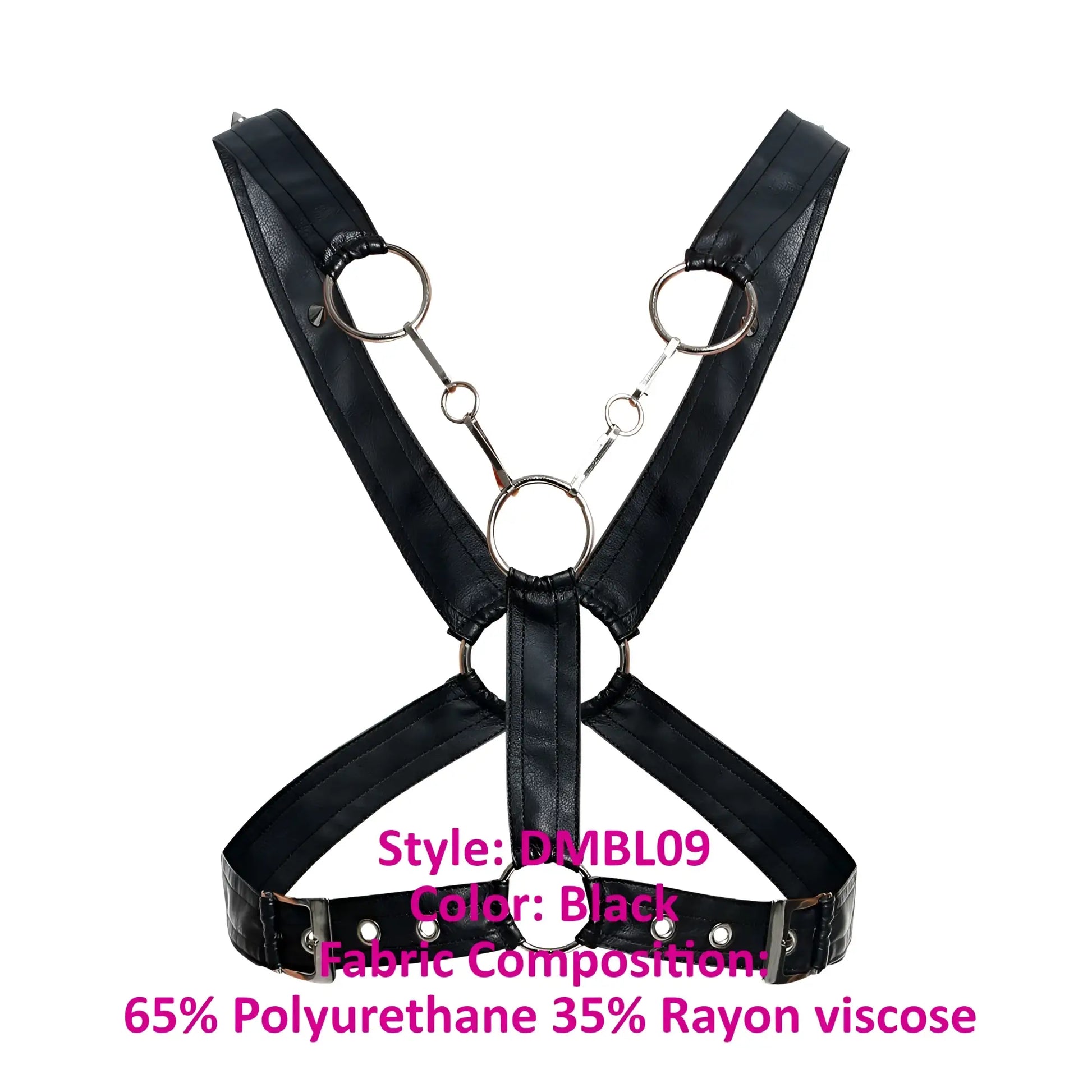 MaleBasics DMBL09 DNGEON cross chain harness in black leather with silver metal rings and chains visible from the back side