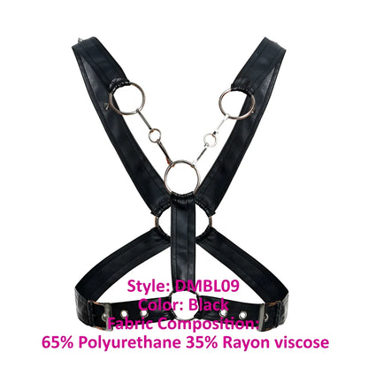 MaleBasics DMBL09 DNGEON cross chain harness in black leather with silver metal rings and chains visible from the back side