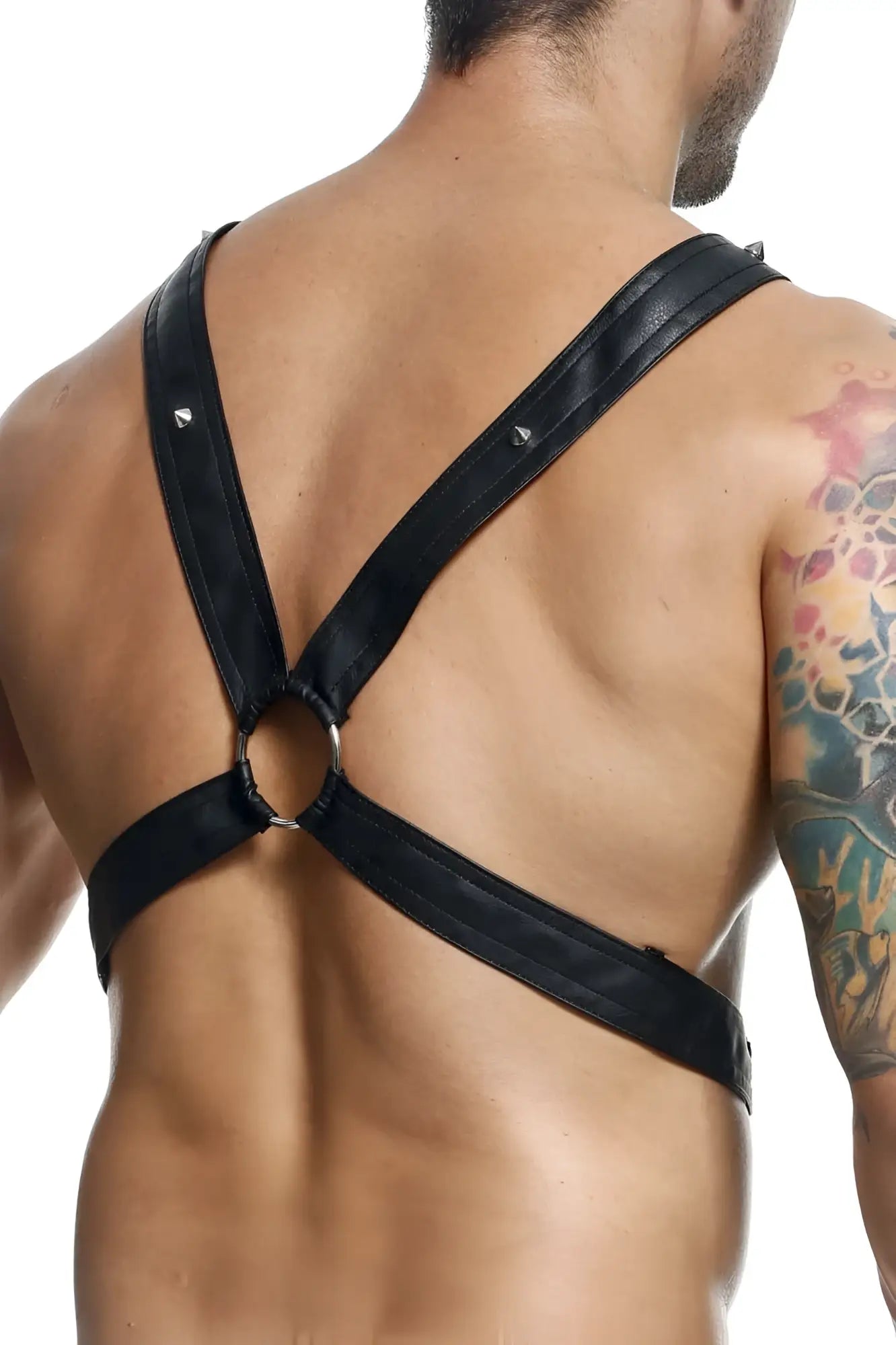 Malebasics dmb10 dngeon cross chain harness in black leather with silver metal rings and studs for men