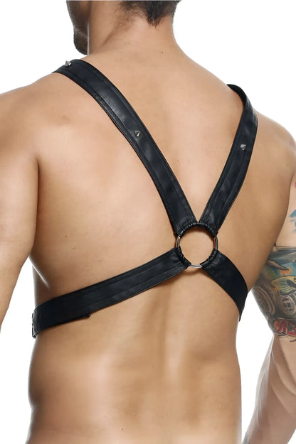 Malebasics dmb9 dngeon black leather harness with silver metal rings and studs for men