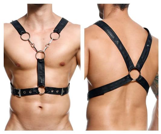 Malebasics dmbl09 dungeon cross chain harness in black leather with silver metal rings and buckles front view