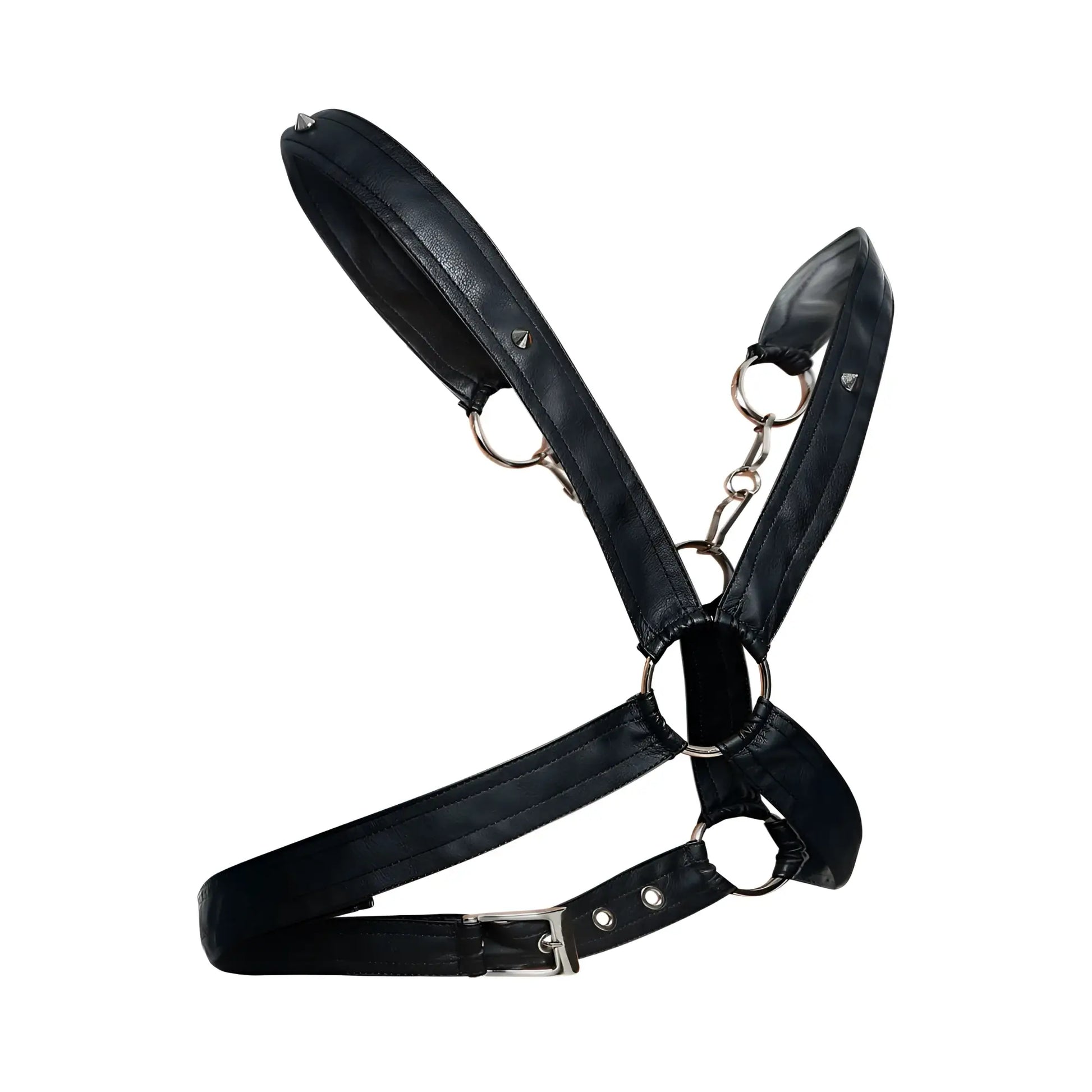 Malebasics dmblo9 dngeon cross chain harness in black leather with silver metal rings and buckle front view