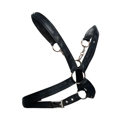 Malebasics dmblo9 dngeon cross chain harness in black leather with silver metal rings and buckle front view