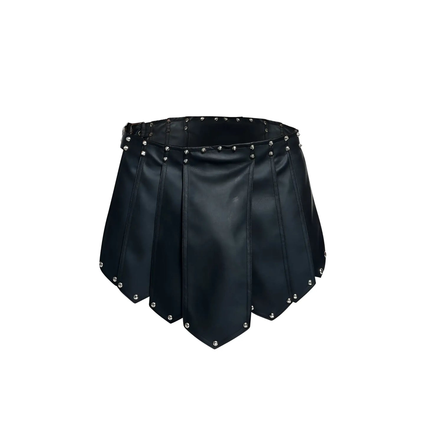 Malebasics dmblo10 dngeon black faux leather pleated roman skirt with silver studs along waistband and hem