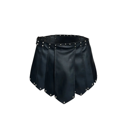 Malebasics dmblo10 dngeon black faux leather pleated roman skirt with silver studs along waistband and hem
