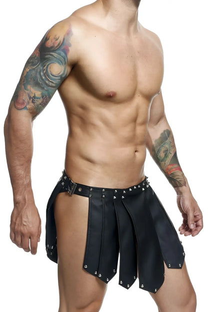 Black leather malebasics dmbl10 dngeon roman skirt with silver studs and metallic buckle front view