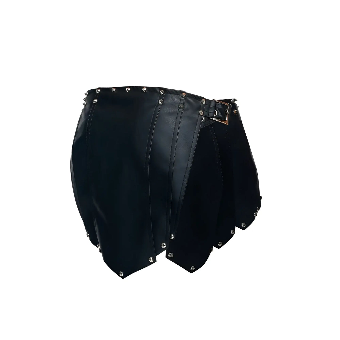 Malebasics dmblo dngeon black leather mini skirt with silver studs and metallic buckle for men