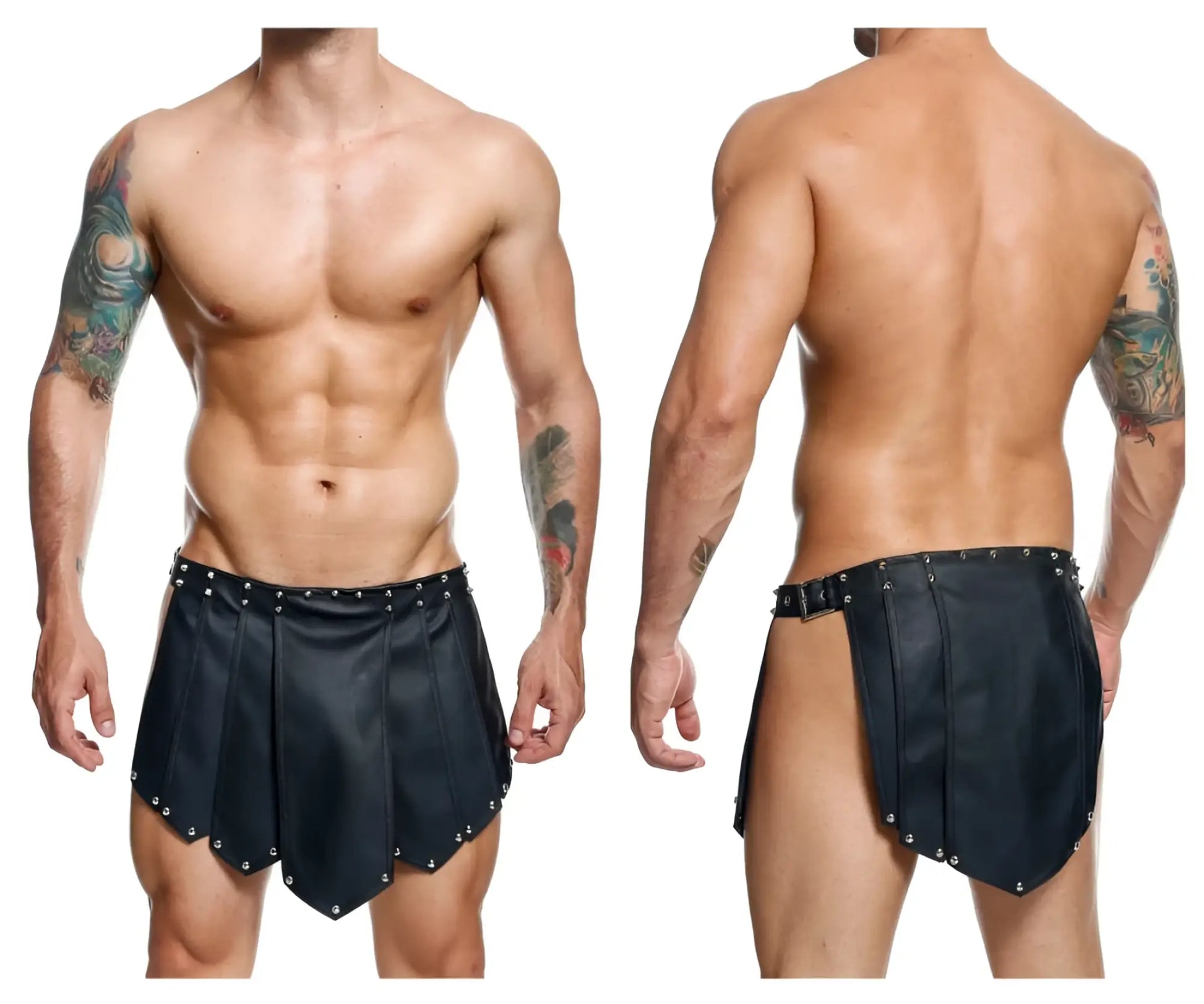 Malebasics dmbl10 dngeon roman skirt black black leather shorts with silver studs and belt buckle detail