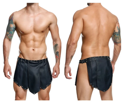 Malebasics dmbl10 dngeon roman skirt black black leather shorts with silver studs and belt buckle detail