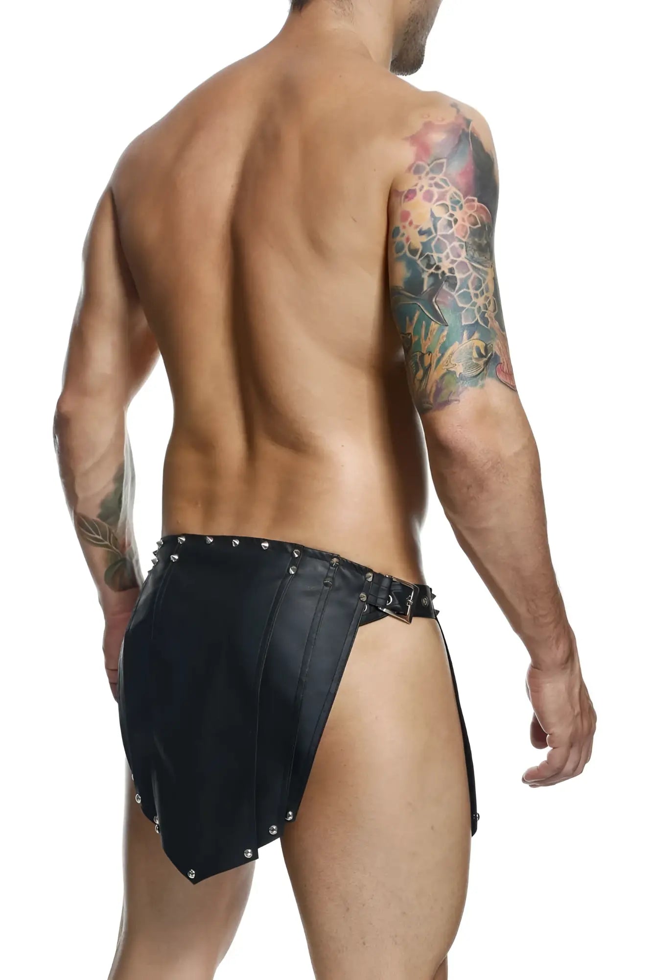 Malebasics dmbl10 dngeon black leather briefs with silver studs and buckle belt from roman skirt collection