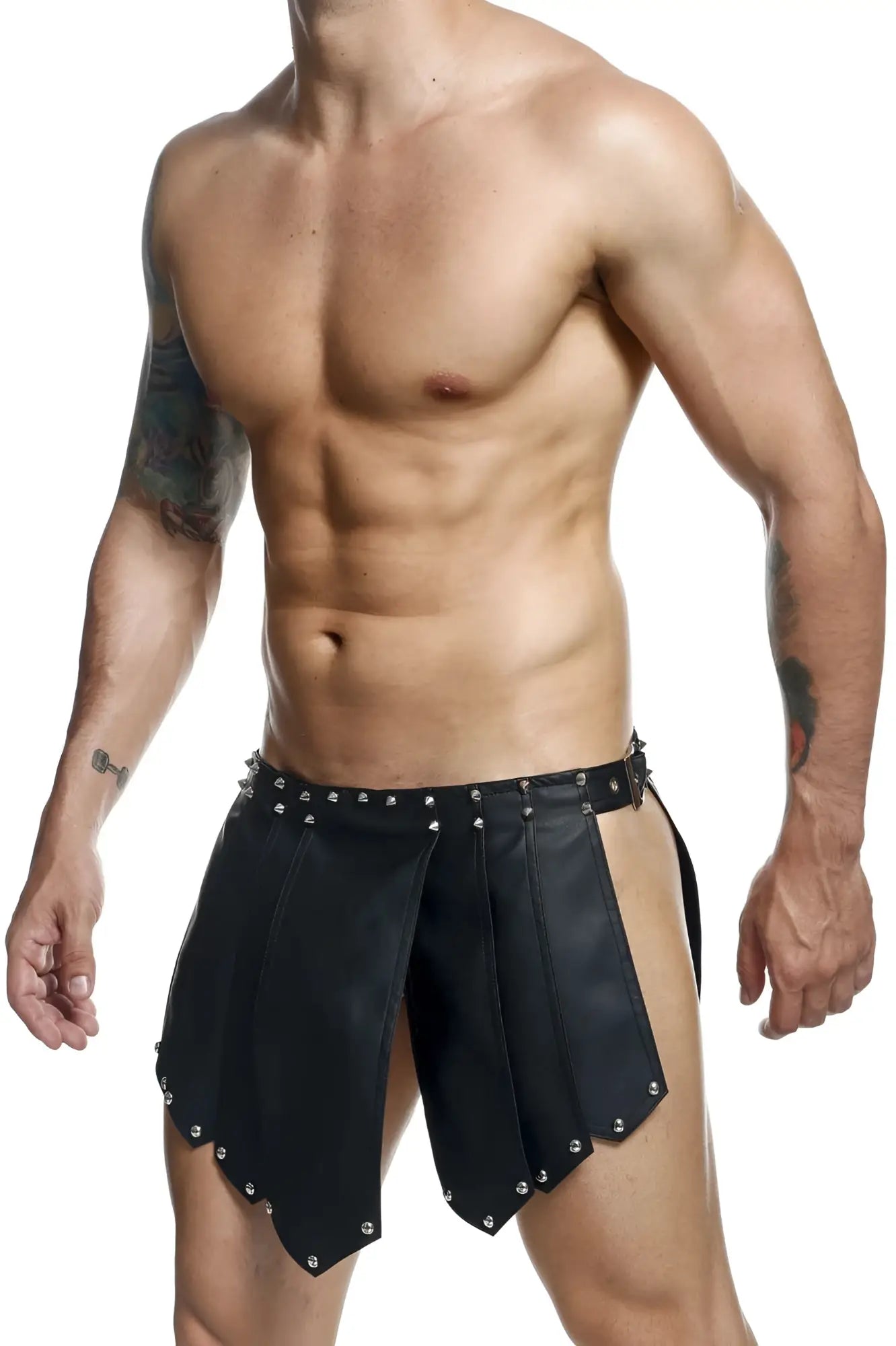 Malebasics dmbl10 dngeon roman skirt black leather shorts with silver studs on waistband and hem