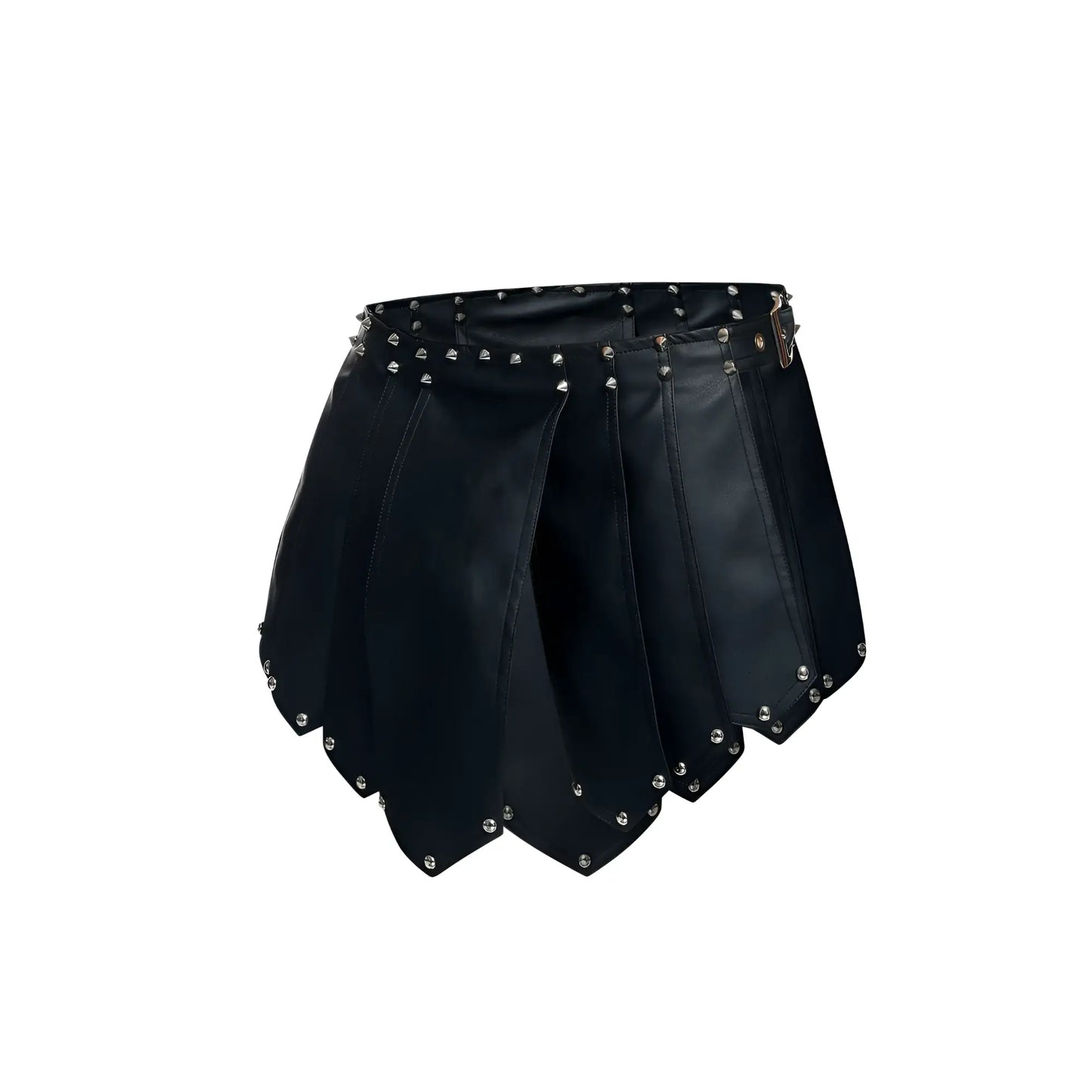 Malebasics dmb10 dngeon roman skirt in black pleated leather with silver studs on waistband and hem