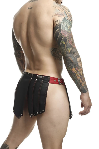 Malebasics dmbl10 dngeon roman skirt black-red black leather briefs with red accents and silver studs front view