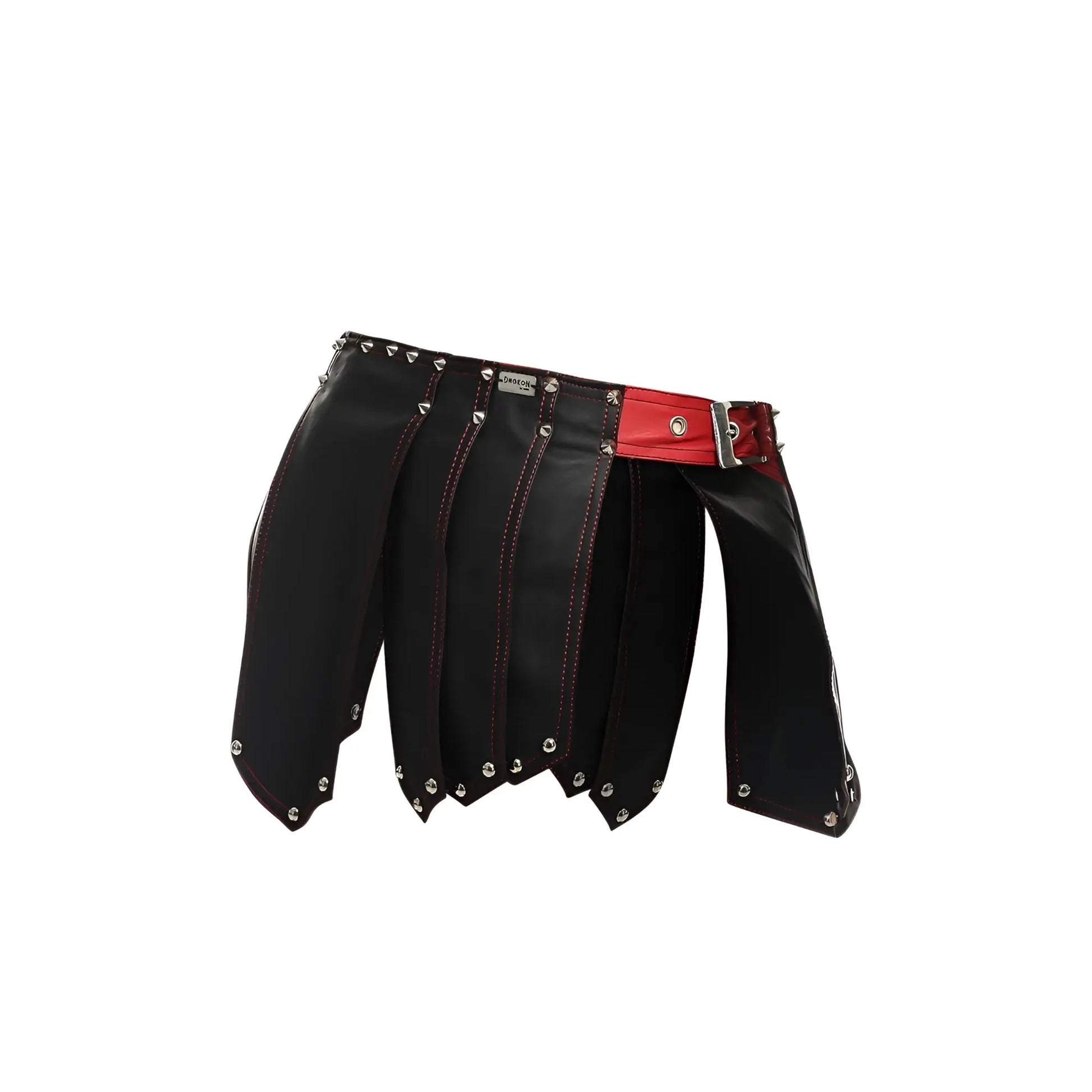 MaleBasics DMBL10 DNGEON black leather skirt with red belt and silver studs for men