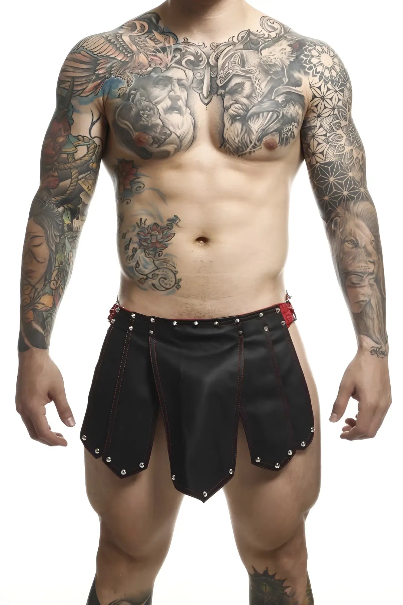 Malebasics dmb10 dngeon roman skirt black red made of black leather shorts with red stitching and silver stud details