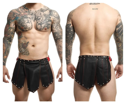 Male basics dmb l10 dngeon roman skirt black with red stitching and silver studs on black leather shorts