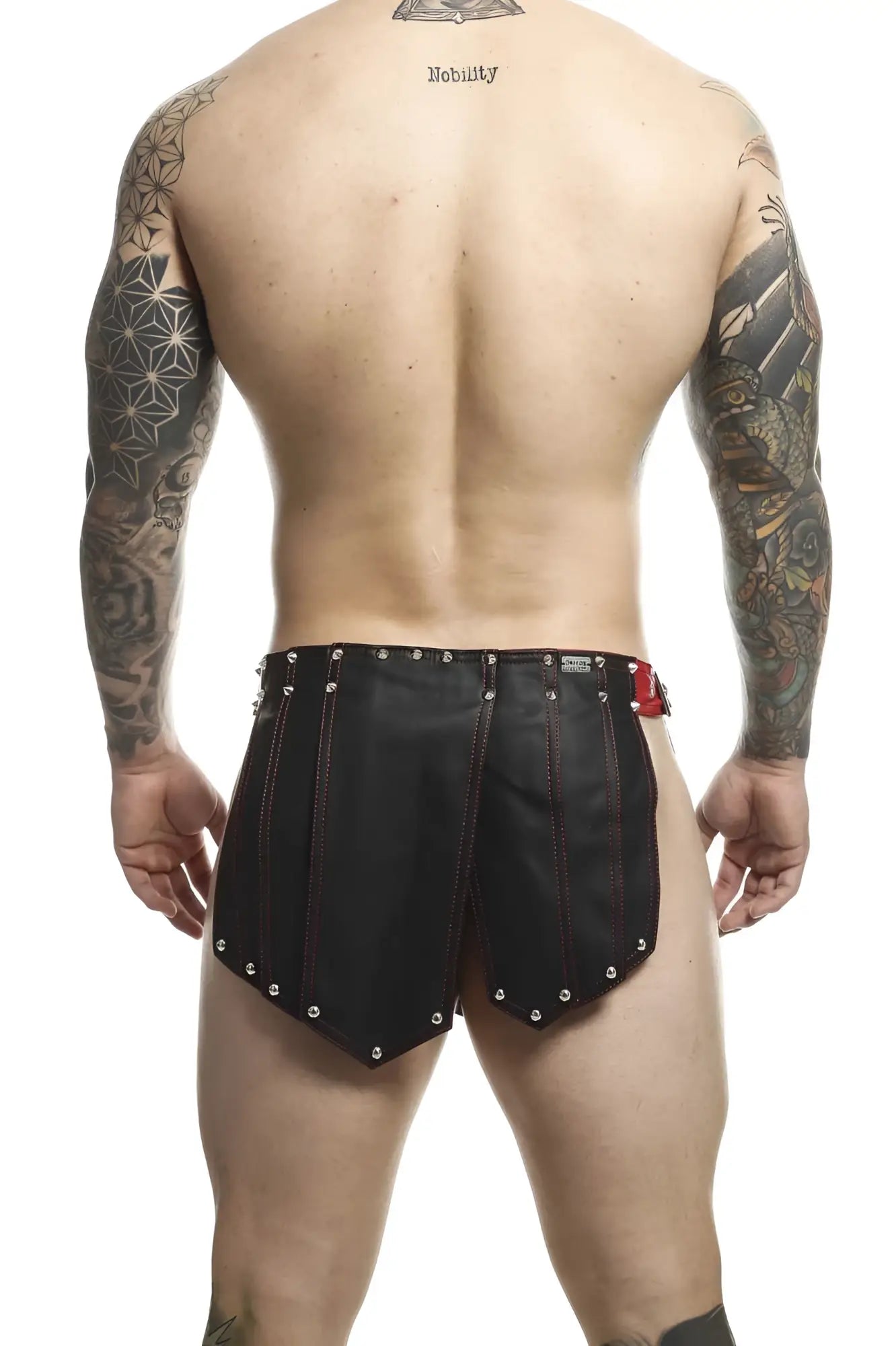 MaleBasics DMBL10 dungeon black red Roman skirt leather shorts with silver studs and red stitching front view