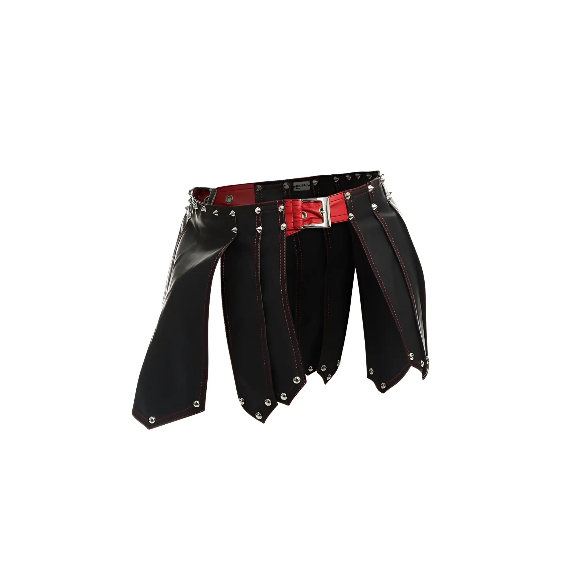 Black leather male basics dmble10 dngeon roman skirt with red stitching silver studs and bold red belt buckle