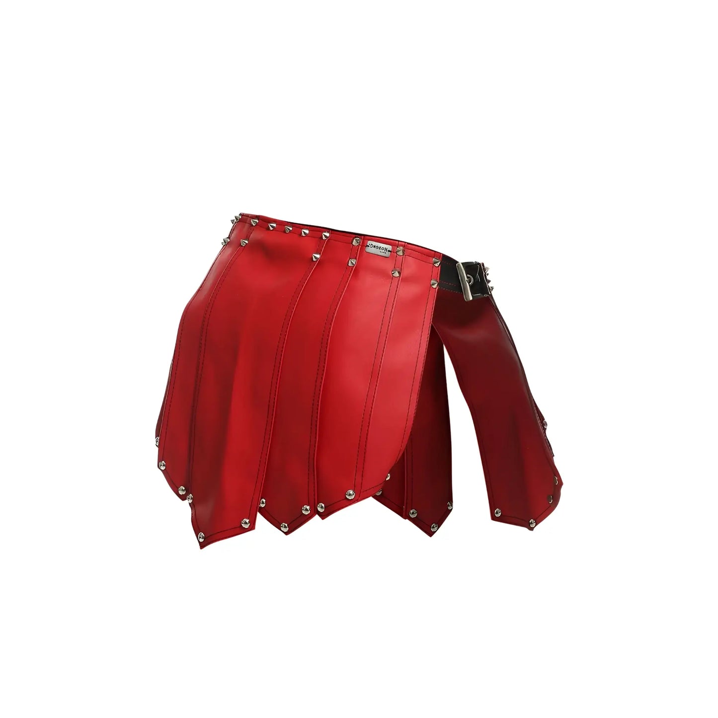 Malebasics dmbl10 dngeon roman red faux leather skirt with silver studs and black belt buckle front view